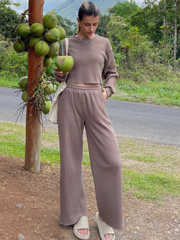 Waffle-Knit Round Neck Top and Pants Set