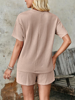 Lovelet Textured Round Neck Short Sleeve Top and Shorts Set