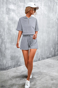 Half Zip Cropped Hooded T-Shirt and Shorts Set