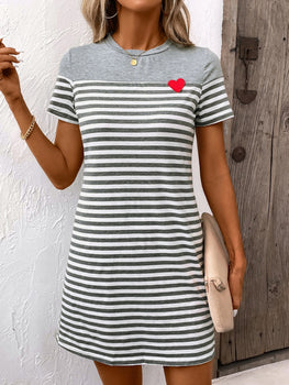 Striped Round Neck Short Sleeve Mini Dress