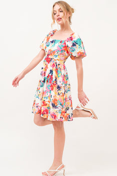 All Smiles Square Neck Puff Sleeve Floral Dress