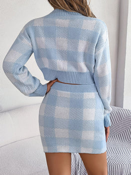 Plaid Round Neck Top and Skirt Sweater Set