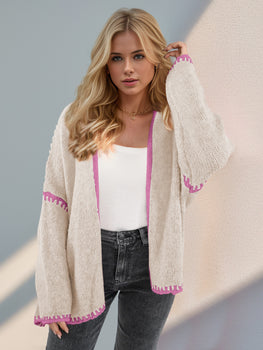 Double Take Contrast Open Front Dropped Shoulder Cardigan