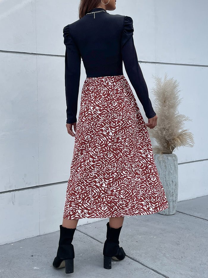 Perfee Printed Mock Neck Puff Sleeve Midi Dress