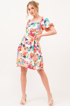 All Smiles Square Neck Puff Sleeve Floral Dress