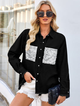 Raw Hem Button Up Long Sleeve Denim Jacket with Sequin Pockets