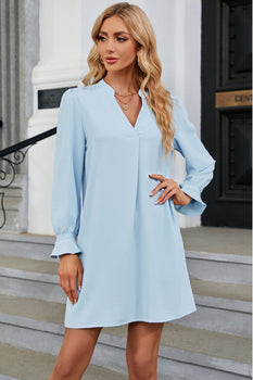 Notched Neck Flounce Sleeve Mini Dress