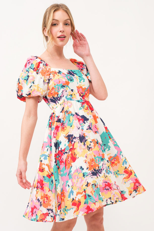 All Smiles Square Neck Puff Sleeve Floral Dress