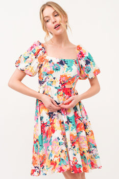 All Smiles Square Neck Puff Sleeve Floral Dress