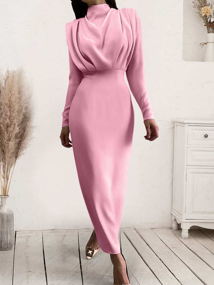 Ruched Turtleneck Long Sleeve Dress