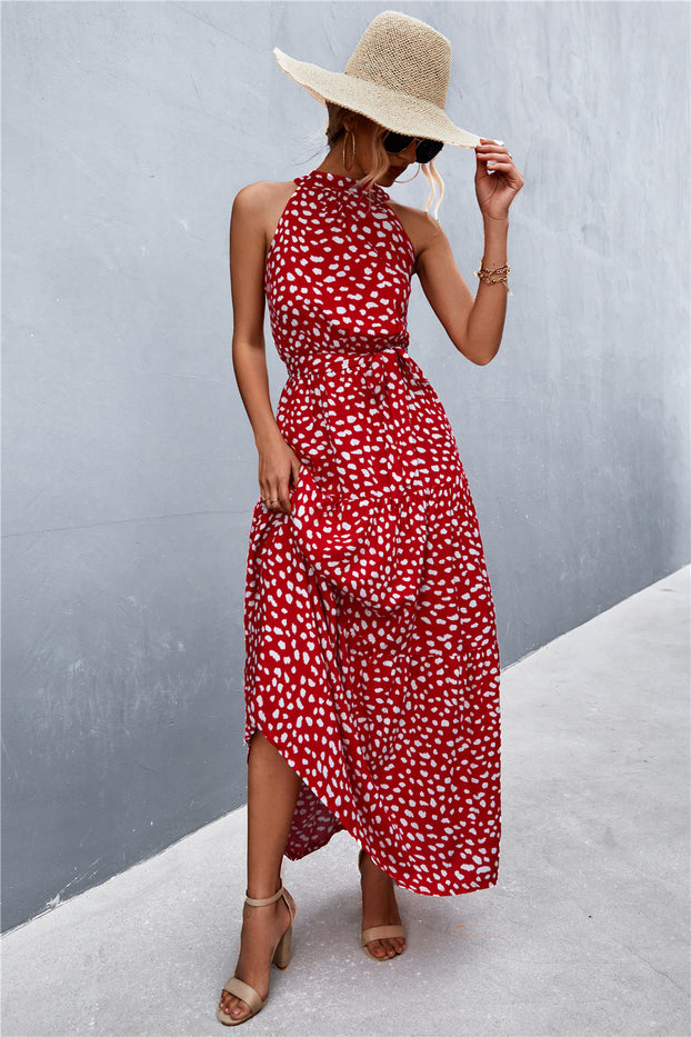 Printed Sleeveless Tie Waist Maxi Dress