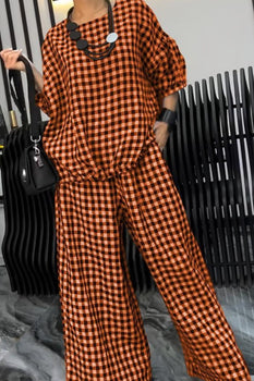 Full Size Plaid Round Neck Half Sleeve Top and Pants Set