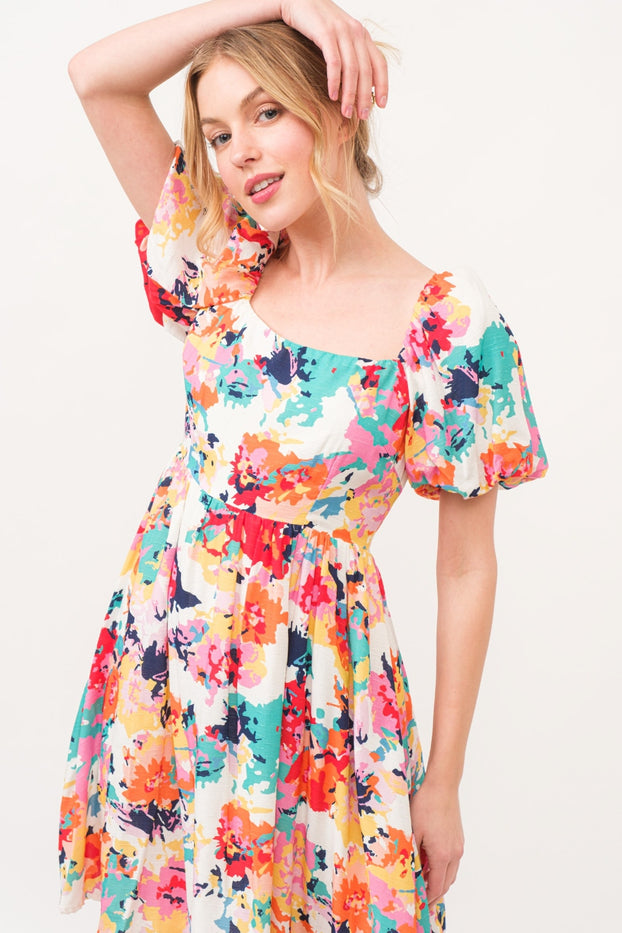 All Smiles Square Neck Puff Sleeve Floral Dress