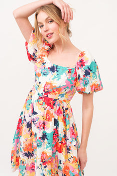 All Smiles Square Neck Puff Sleeve Floral Dress