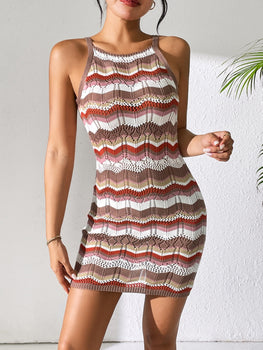 Openwork Striped Spaghetti Strap Knit Dress