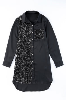 Sequin Button Front High-Low Shirt Dress