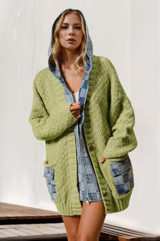 Double Take Full Size Hooded Denim Spliced Sweater Cardigan