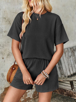 Lovelet Textured Round Neck Short Sleeve Top and Shorts Set