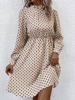 Printed Ruched Mock Neck Long Sleeve Dress