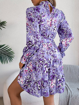 Printed Mock Neck Flounce Sleeve Mini Dress