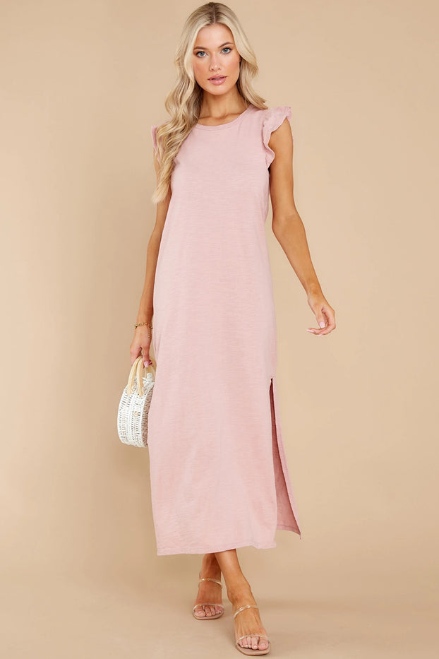 Ruffled Slit Round Neck Cap Sleeve Dress