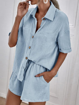 Button Up Short Sleeve Top and Shorts Set