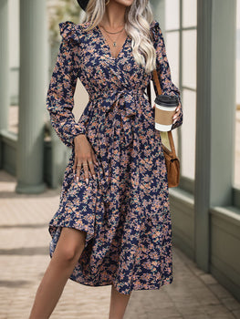 Perfee Printed Surplice Long Sleeve Midi Dress