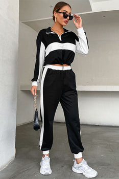 Perfee Striped Half Zip Cropped Sweatshirt and Joggers Set