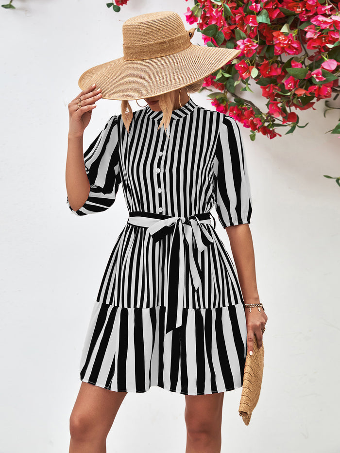 Striped Half Sleeve Tie Waist Mini Dress