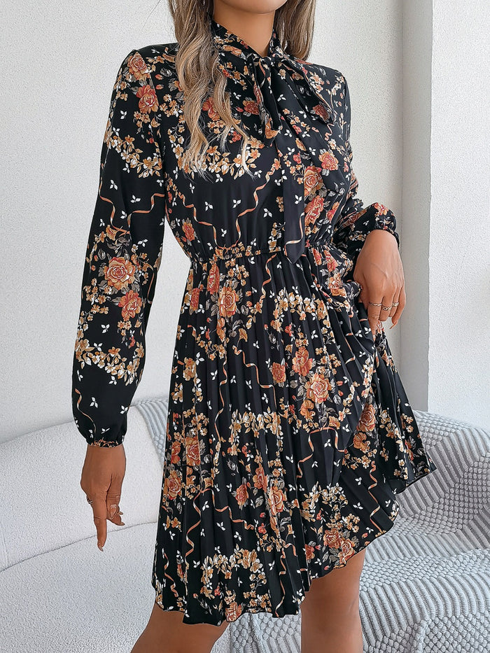 Pleated Printed Tie Neck Long Sleeve Dress