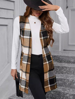 Plaid V-Neck Vest Coat