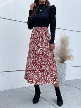 Perfee Printed Mock Neck Puff Sleeve Midi Dress