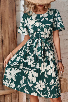 Perfee Floral Round Neck Tie Belt Pleated Dress