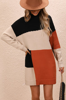 Color Block Mock Neck Dropped Shoulder Sweater Dress