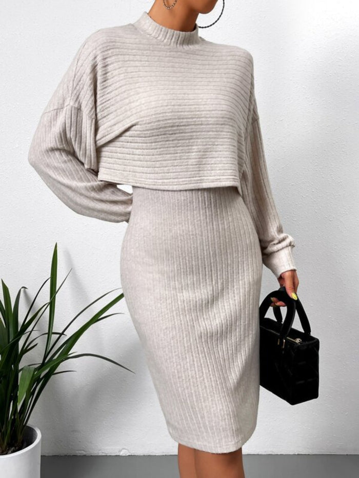 Mock Neck Long Sleeve Top and Wide Strap Dress Set