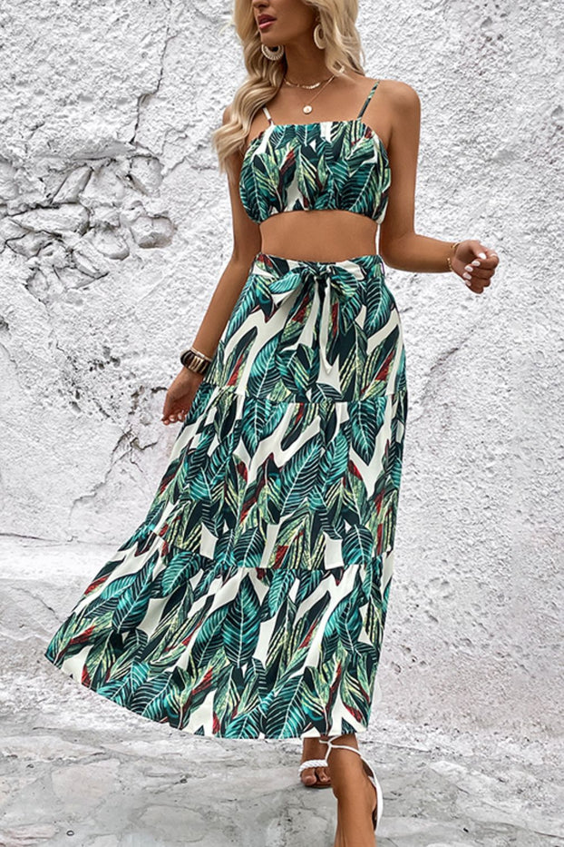 Perfee Botanical Print Cami and Tiered Skirt Set