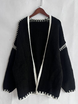 Double Take Contrast Open Front Dropped Shoulder Cardigan