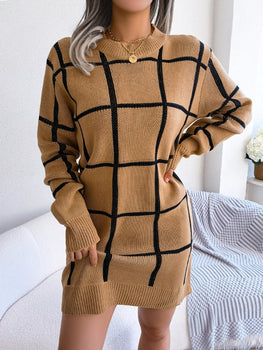 Plaid Round Neck Dropped Shoulder Sweater Dress