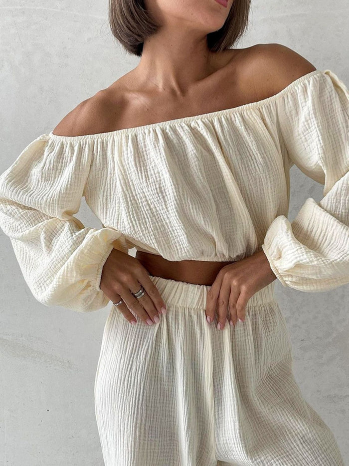 Off Shoulder Long Sleeve Top and Pants Set