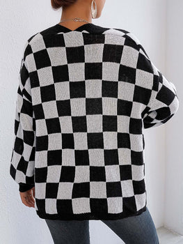 Checkered Open Front Long Sleeve Cardigan