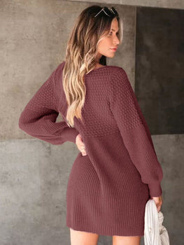 Perfee V-Neck Long Sleeve Sweater Dress