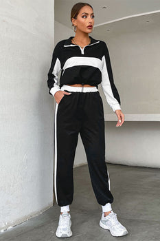 Perfee Striped Half Zip Cropped Sweatshirt and Joggers Set