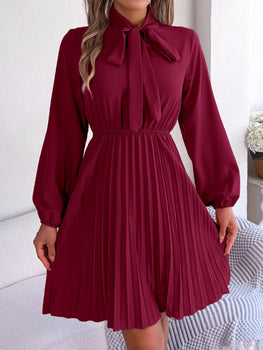 Tie Neck Balloon Sleeve Pleated Dress