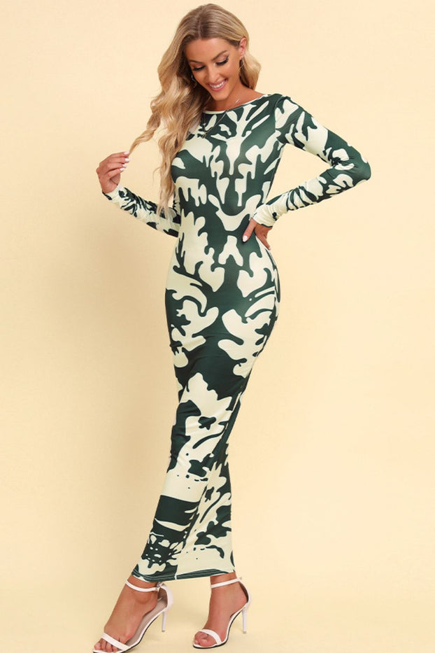 Printed Backless Long Sleeve Maxi Dress