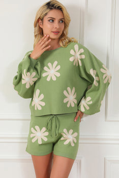 Flower Pattern Long Sleeve Sweater and Drawstring Shorts Set