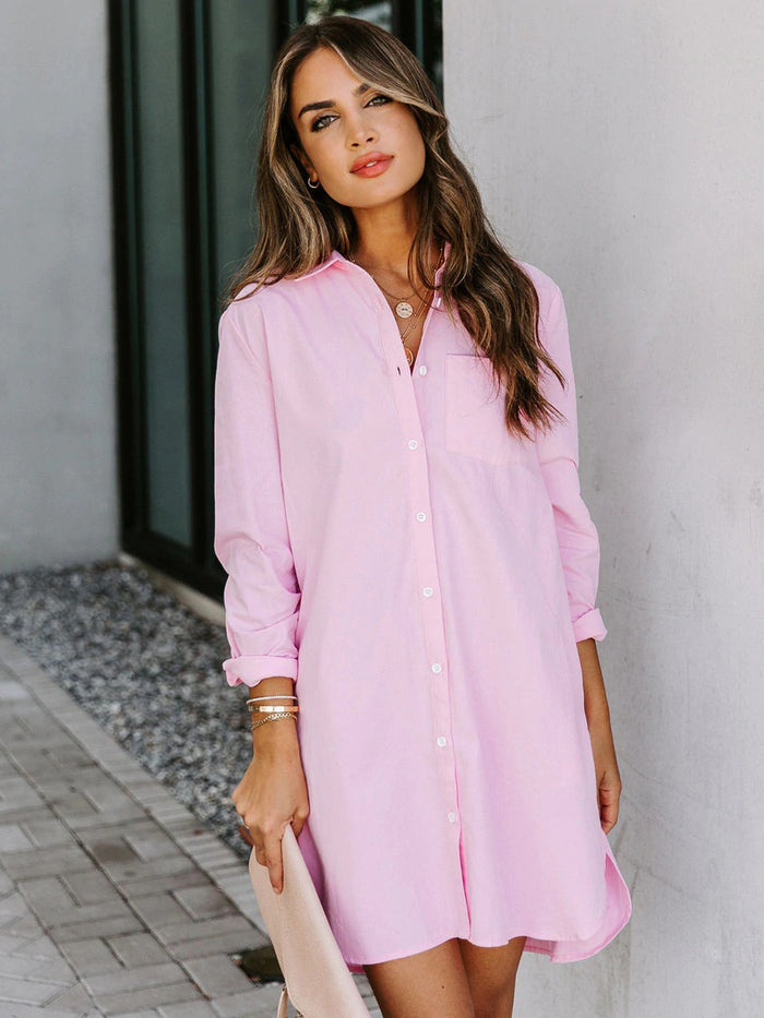 Lovelet Button Up Collared Neck Long Sleeve Shirt Dress