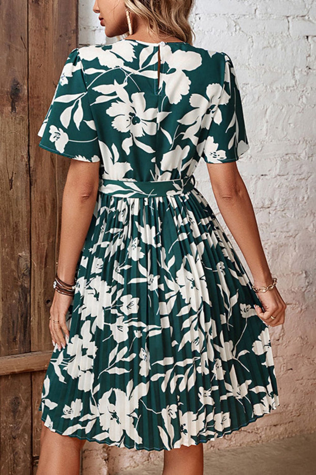 Perfee Floral Round Neck Tie Belt Pleated Dress